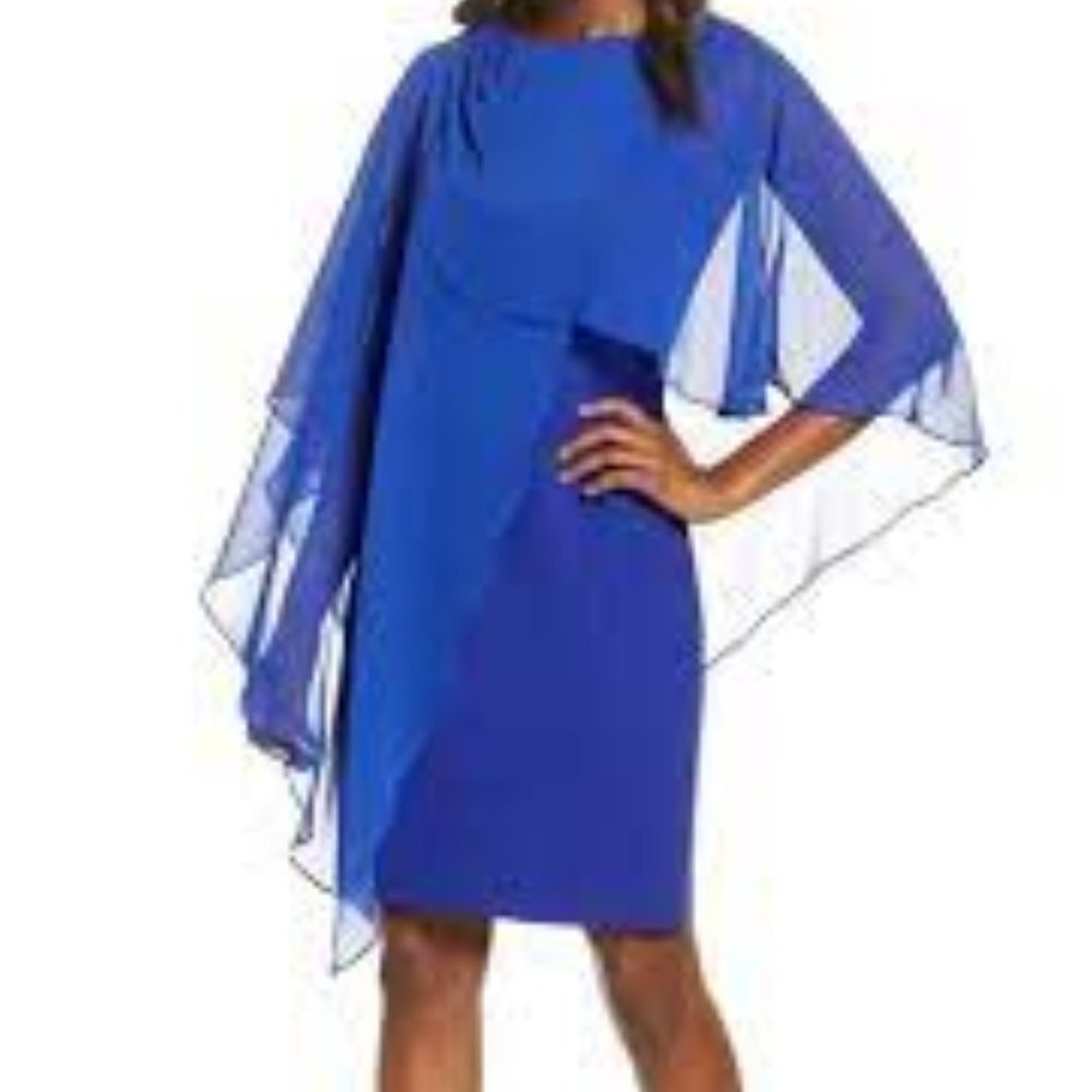 Eliza J Chiffon Cape Cocktail Dress In Cobalt size 4